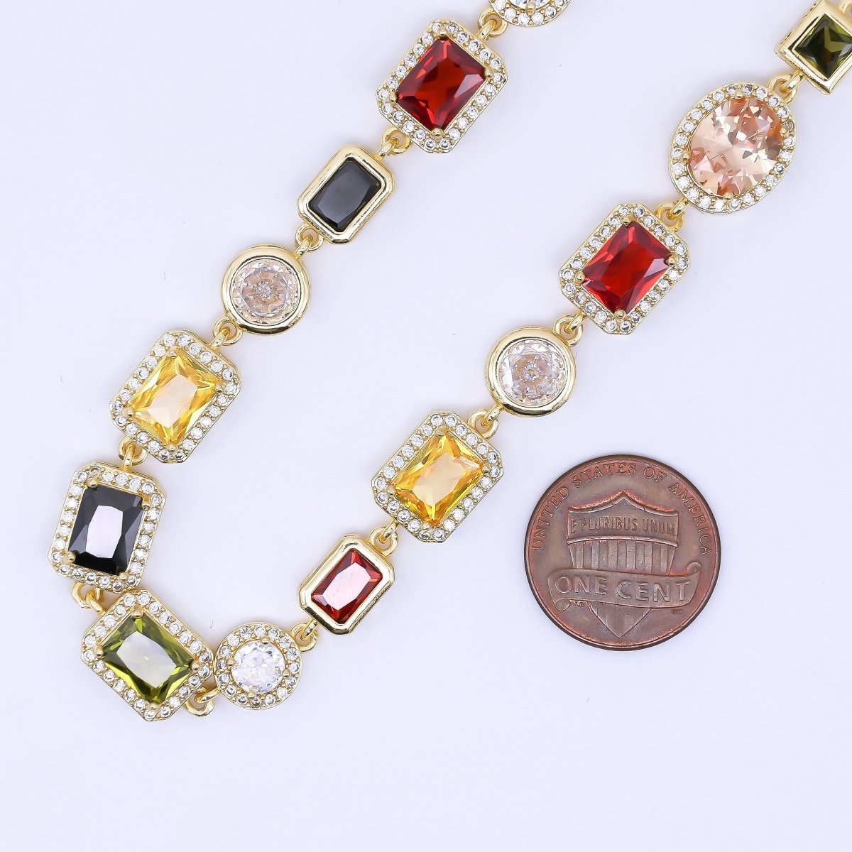 24K Gold Filled 6.7mm Geometric Multicolor Cluster Micro Paved CZ Gemstone 17.5 Inch Necklace | WA - 1241 - DLUXCA