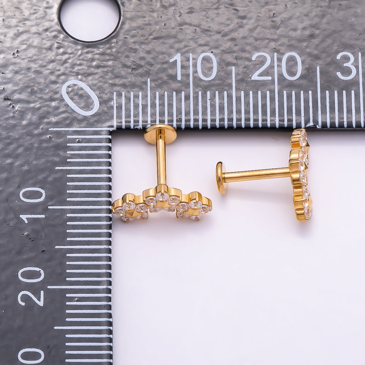 24K Gold Filled 6mm Clear CZ Triple Flower Cartilage Piercing Flat Back Stud in Gold & Silver | Findings-00258 Findings-00259 - DLUXCA