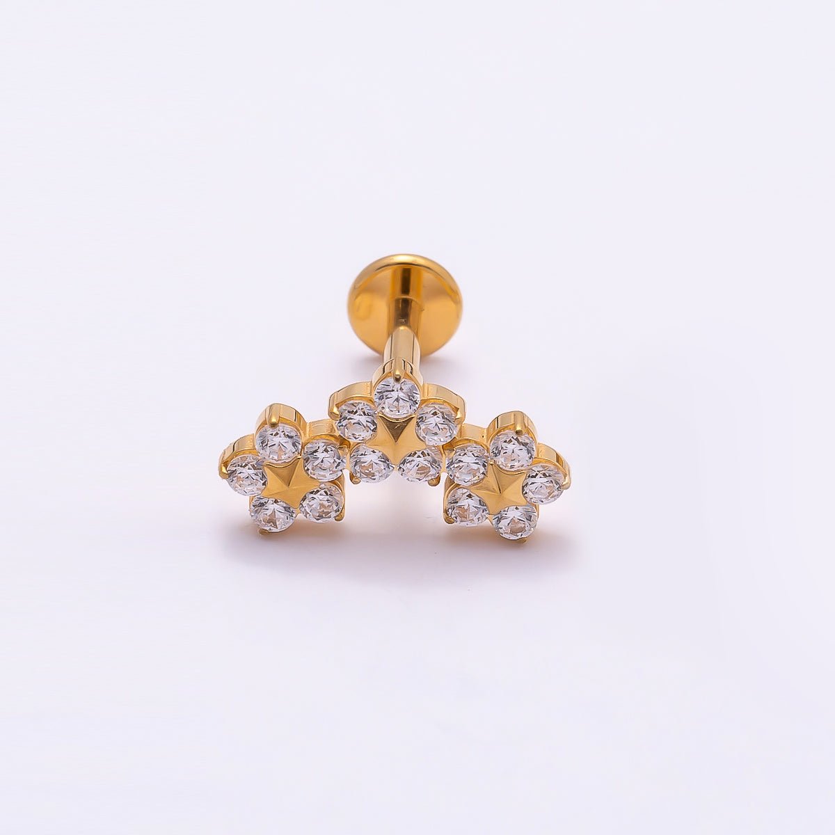 24K Gold Filled 6mm Clear CZ Triple Flower Cartilage Piercing Flat Back Stud in Gold & Silver | Findings-00258 Findings-00259 - DLUXCA