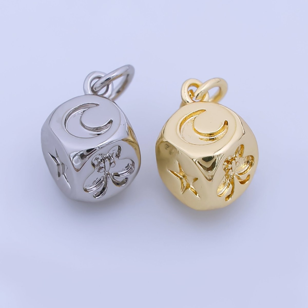24K Gold Filled 8mm Celestial Moon Star Butterfly Dice Multidimensional 3D Charm in Gold & Silver | AJ471 - DLUXCA