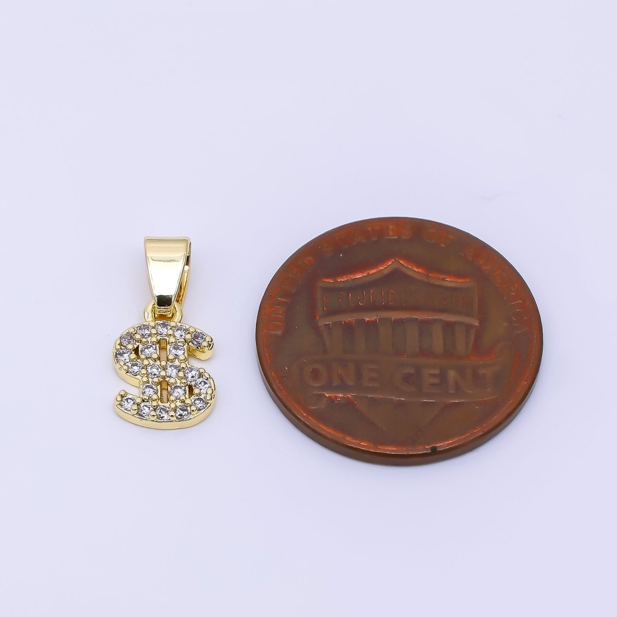 24K Gold Filled 9.5mm Micro Paved CZ Money Dollar Sign Pendant | AA - 1607 - DLUXCA