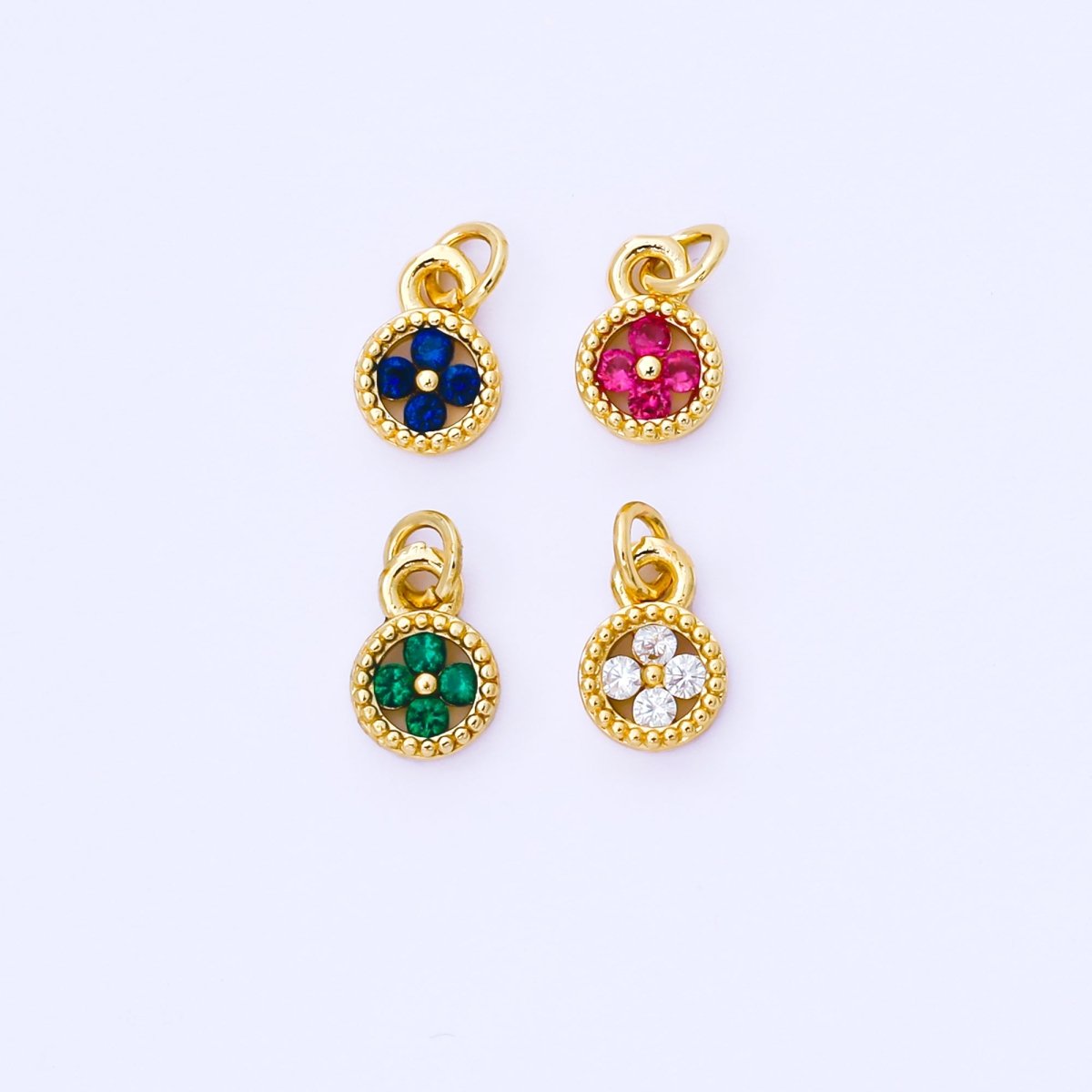 24K Gold Filled 9mm Green, Blue, Fuchsia CZ Clover Flower Dotted Round Charm | AF1500 AF1501 - DLUXCA