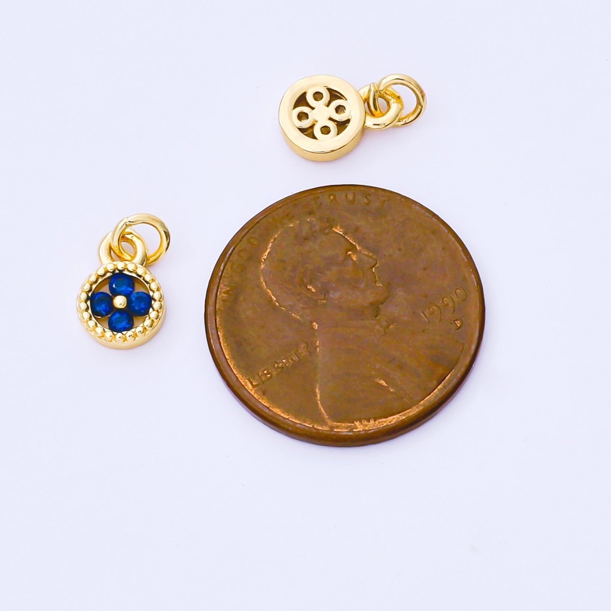 24K Gold Filled 9mm Green, Blue, Fuchsia CZ Clover Flower Dotted Round Charm | AF1500 AF1501 - DLUXCA