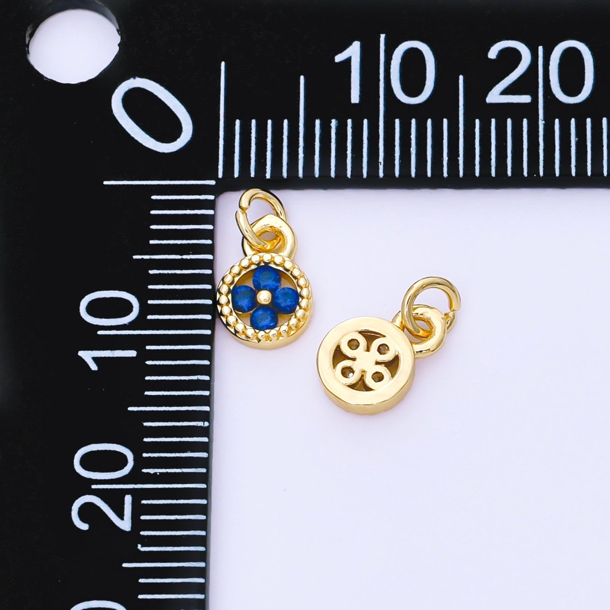 24K Gold Filled 9mm Green, Blue, Fuchsia CZ Clover Flower Dotted Round Charm | AF1500 AF1501 - DLUXCA