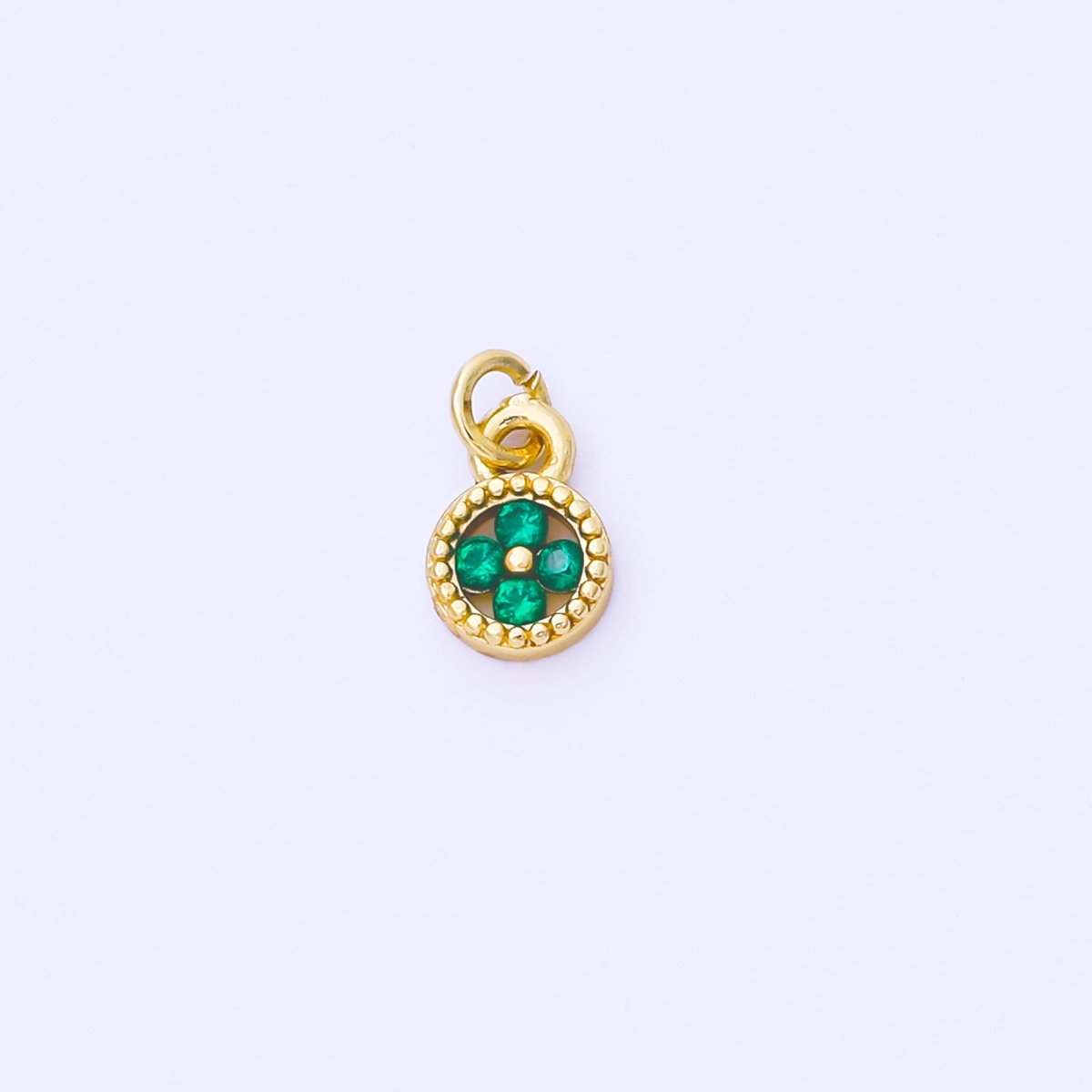 24K Gold Filled 9mm Green, Blue, Fuchsia CZ Clover Flower Dotted Round Charm | AF1500 AF1501 - DLUXCA