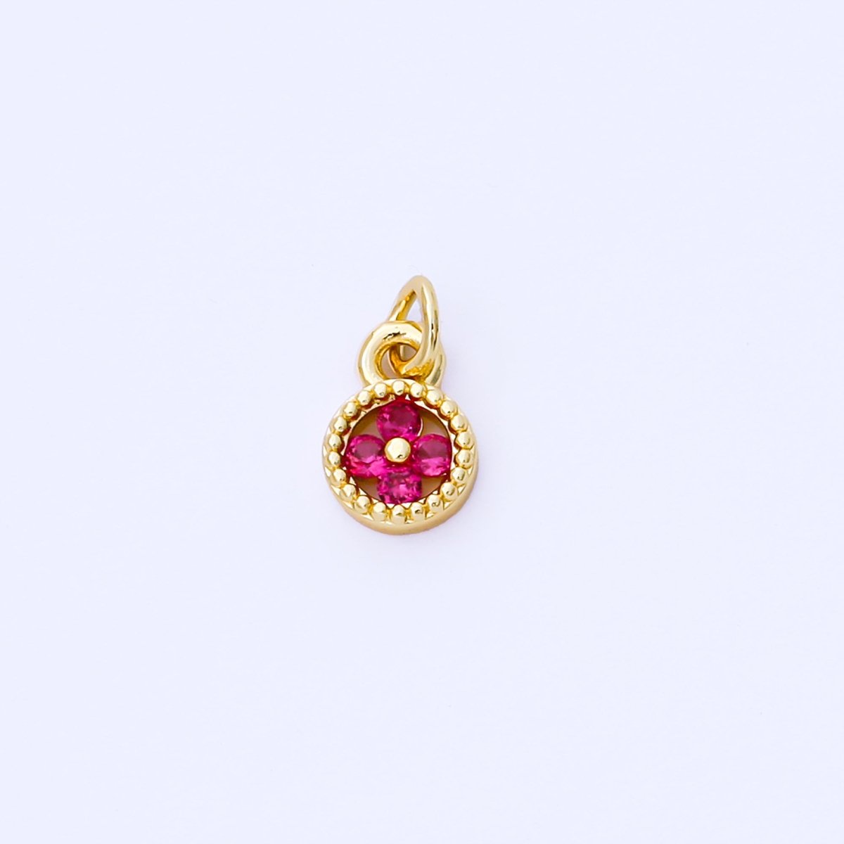 24K Gold Filled 9mm Green, Blue, Fuchsia CZ Clover Flower Dotted Round Charm | AF1500 AF1501 - DLUXCA