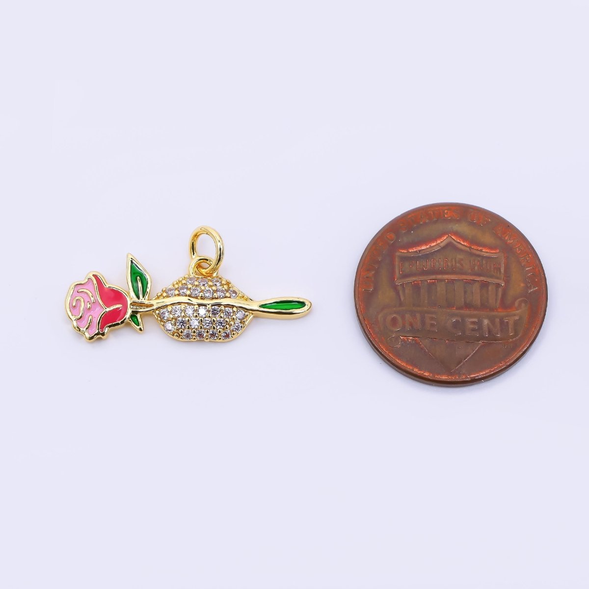 24K Gold Filled 9mm Micro Paved CZ Enamel Art Mouth & Rose Flower Charm | AF - 514 - DLUXCA