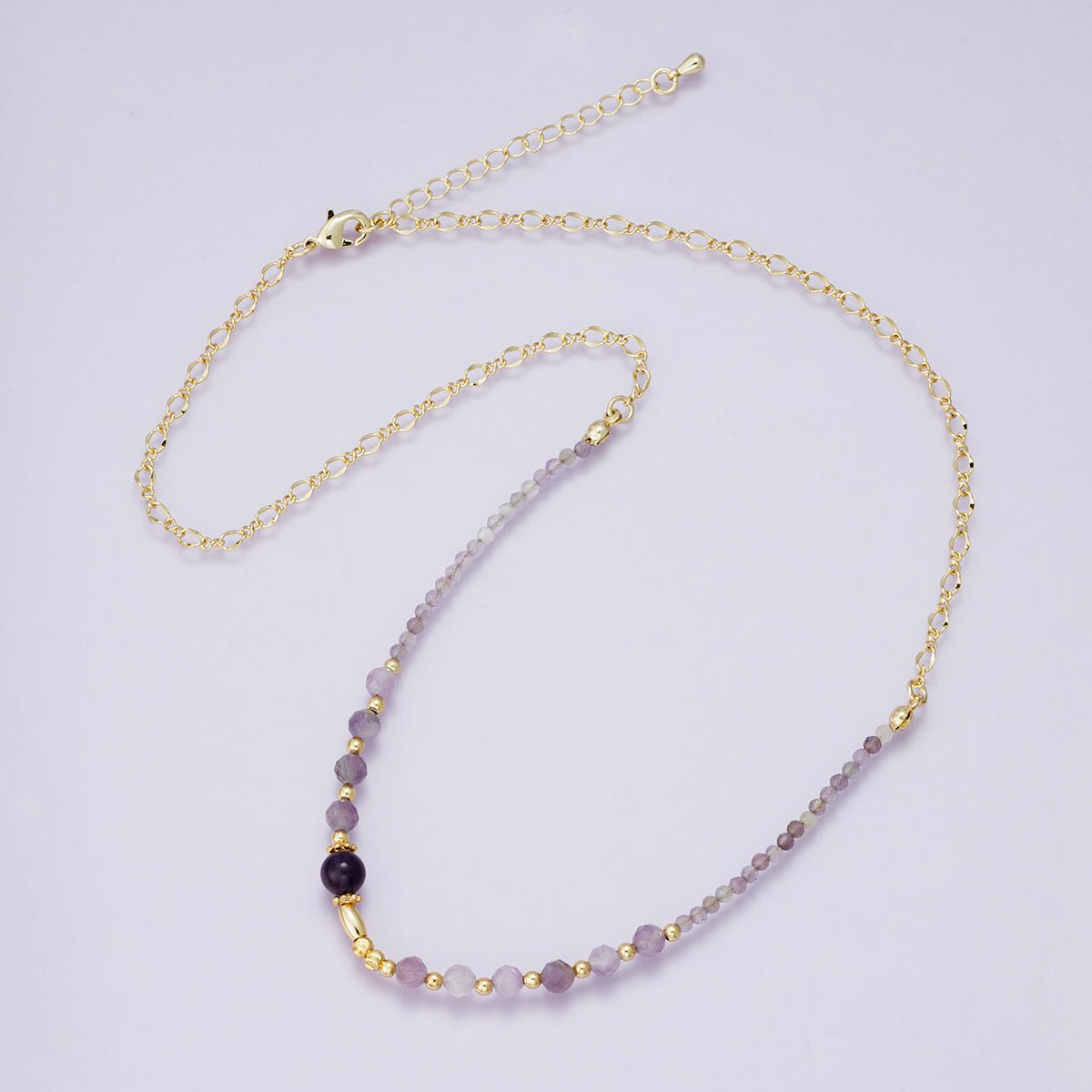 24K Gold Filled Amethyst Multifaceted Gemstone Ball Figaro Chain Half 18 Inch Necklace w. Extender | WA - 04231 - DLUXCA