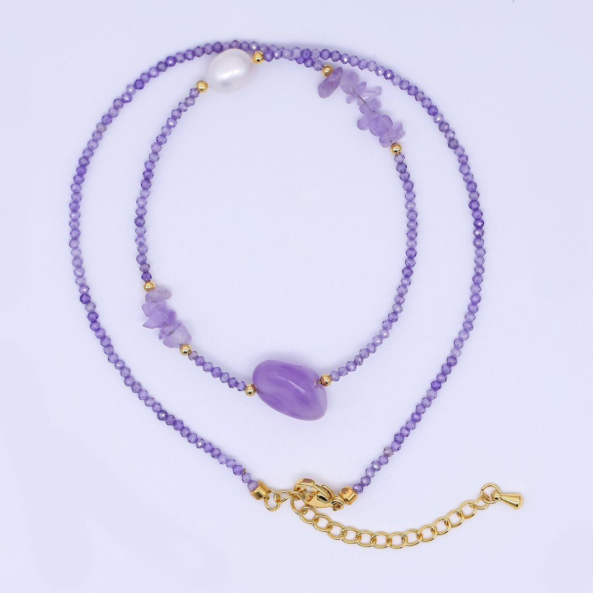 24K Gold Filled Amethyst Natural Gemstone Beaded Chain Necklace 16.92 Inch with Extender | WA - 3345 - DLUXCA
