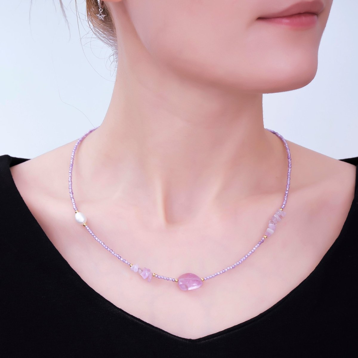 24K Gold Filled Amethyst Natural Gemstone Beaded Chain Necklace 16.92 Inch with Extender | WA - 3345 - DLUXCA