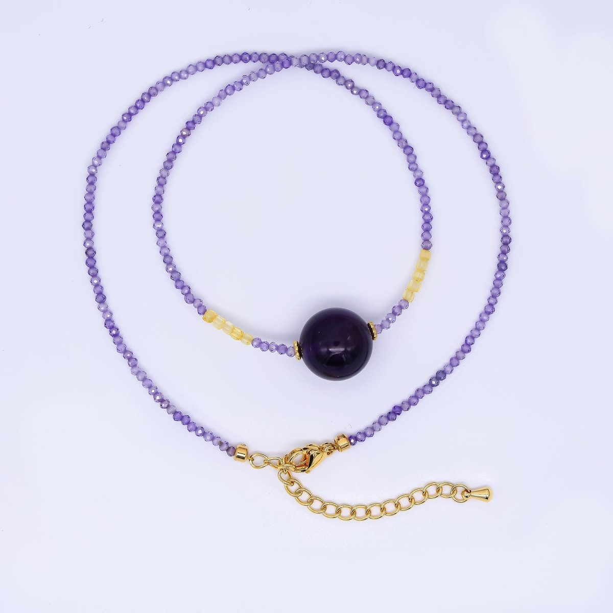 24K Gold Filled Amethyst Natural Gemstone Shades of Purple Beaded Chain Necklace 16.53 Inch with Extender | WA - 3346 - DLUXCA