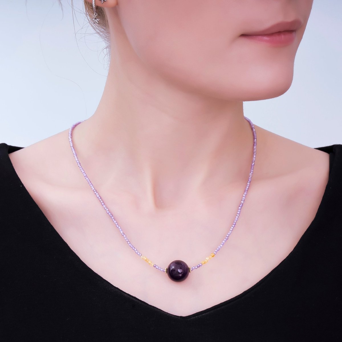 24K Gold Filled Amethyst Natural Gemstone Shades of Purple Beaded Chain Necklace 16.53 Inch with Extender | WA - 3346 - DLUXCA
