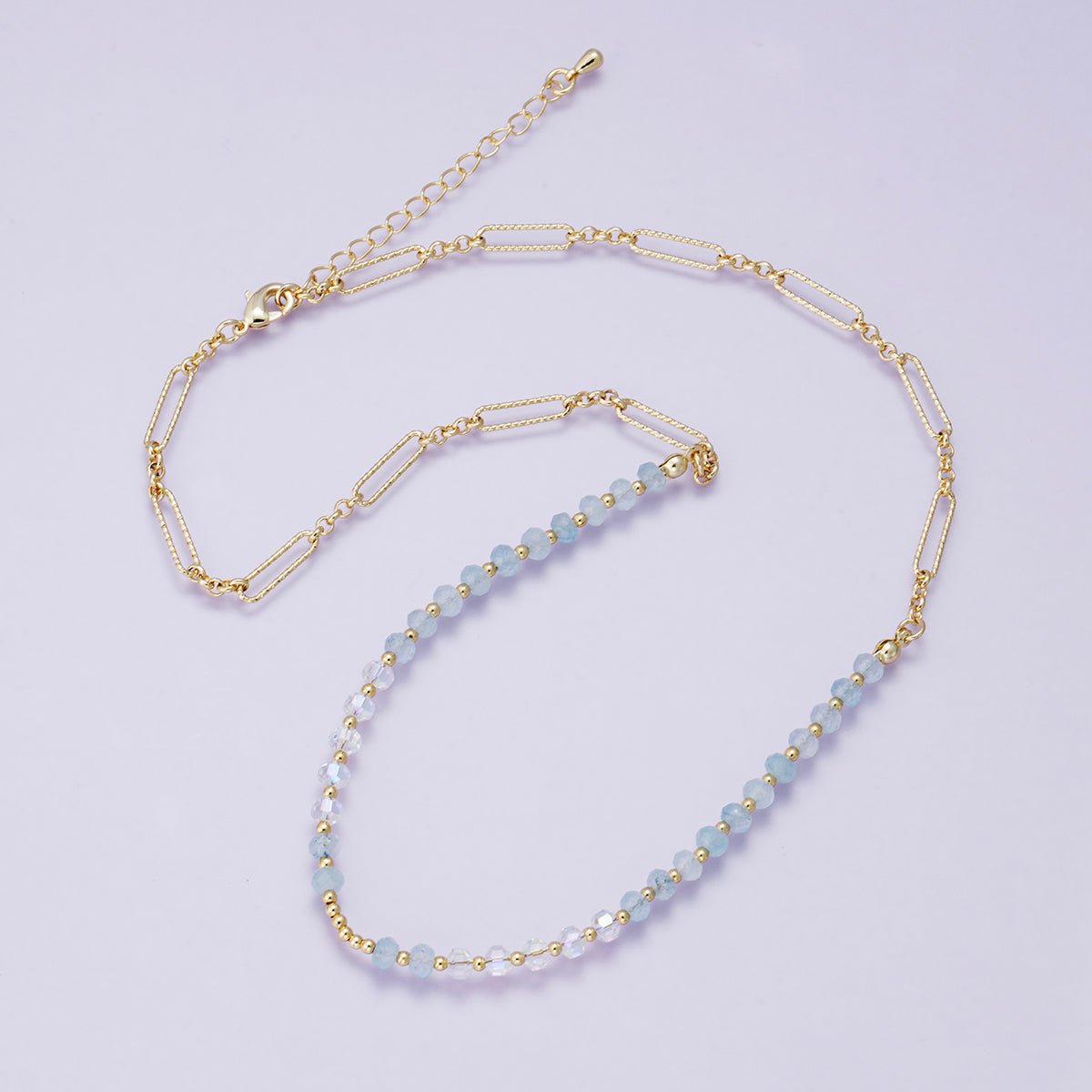 24K Gold Filled Aquamarine Multifaceted Gemstone Ball Paperclip Chain Half 18 Inch Necklace w. Extender | WA - 04228 - DLUXCA