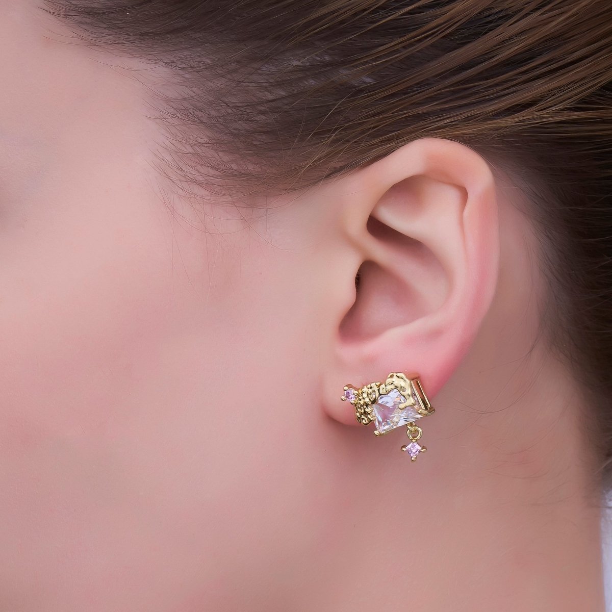 24K Gold Filled Baguette Clear CZ Drop Stud Earrings | AB325 - DLUXCA