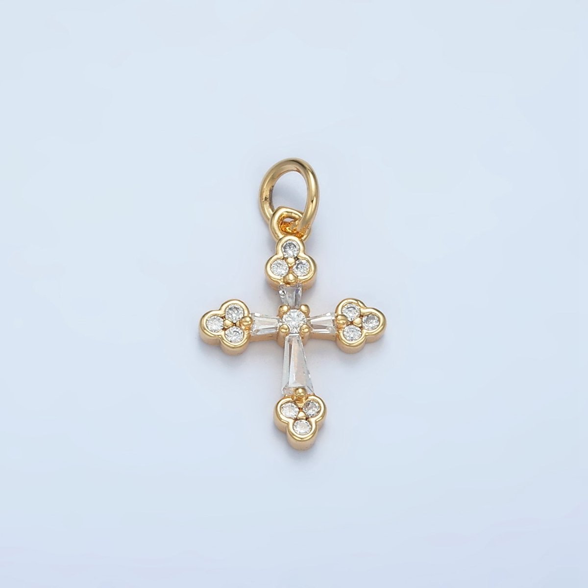 24k Gold Filled Baguette Clear CZ Micro Paved Religious Cross Charm | E - 851 - DLUXCA