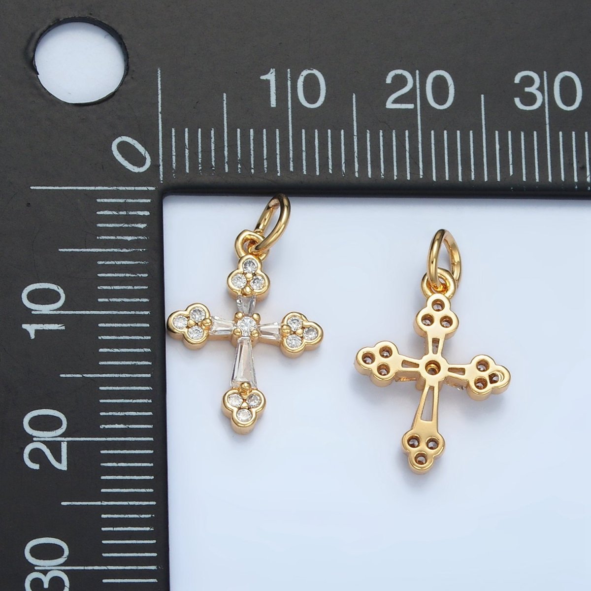 24k Gold Filled Baguette Clear CZ Micro Paved Religious Cross Charm | E - 851 - DLUXCA