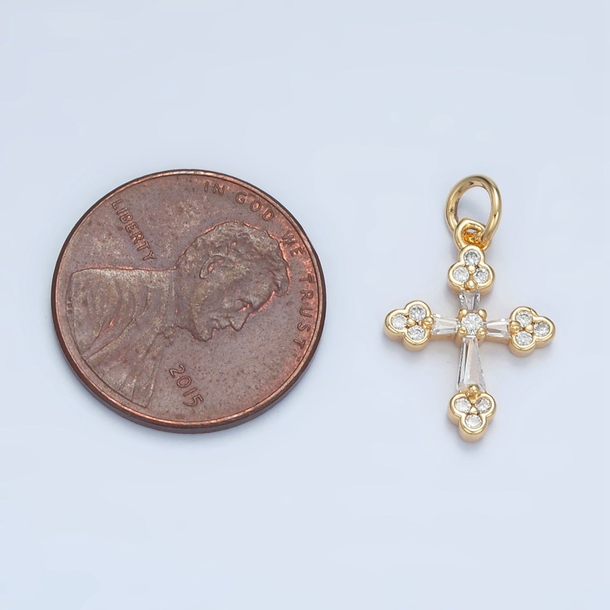 24k Gold Filled Baguette Clear CZ Micro Paved Religious Cross Charm | E - 851 - DLUXCA