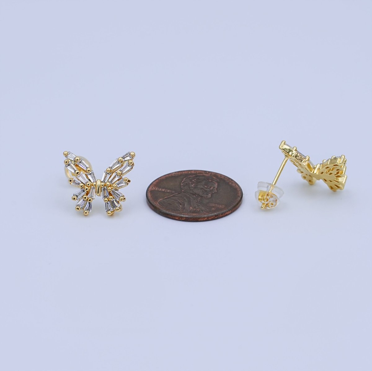 24K Gold Filled Baguette CZ Butterfly Insect Stud Earrings | AB872 - DLUXCA