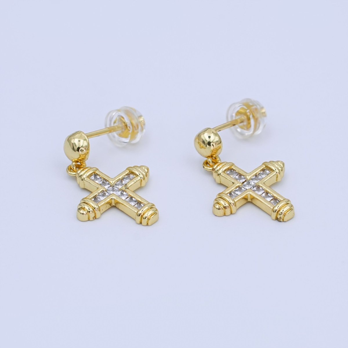 24K Gold Filled Baguette CZ Cross Round Drop Stud Earrings | AI437 - DLUXCA