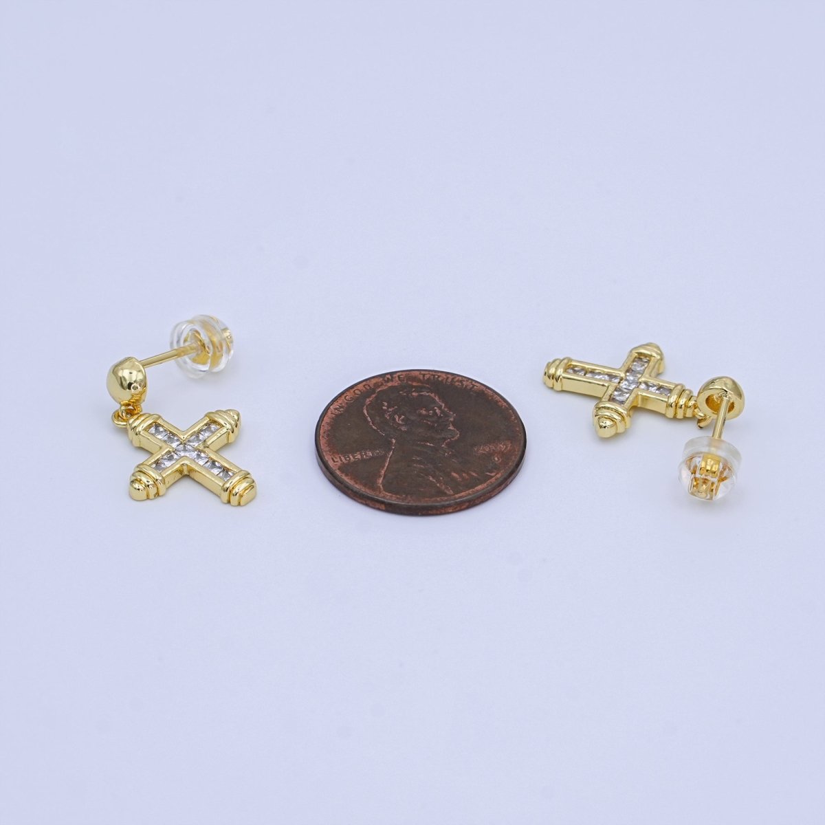 24K Gold Filled Baguette CZ Cross Round Drop Stud Earrings | AI437 - DLUXCA
