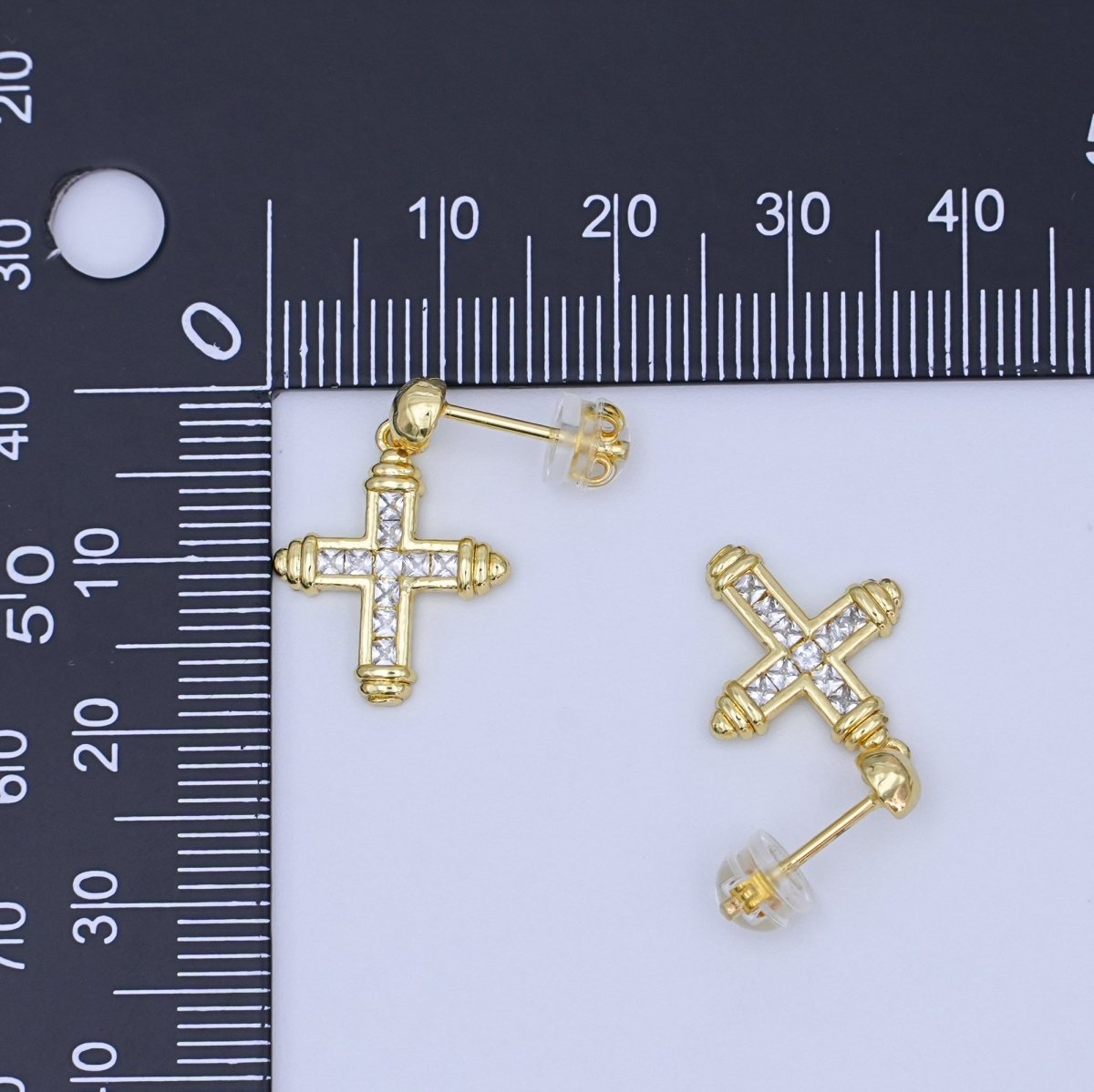24K Gold Filled Baguette CZ Cross Round Drop Stud Earrings | AI437 - DLUXCA