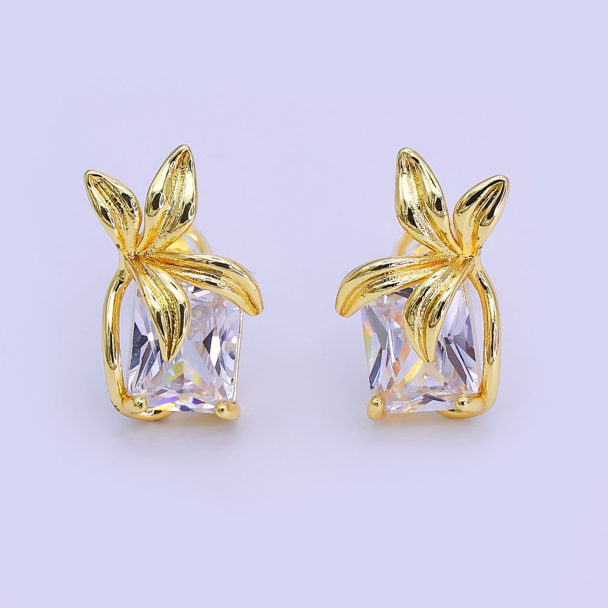 24K Gold Filled Baguette CZ Flower Leaf Stud Earrings | AI440 - DLUXCA