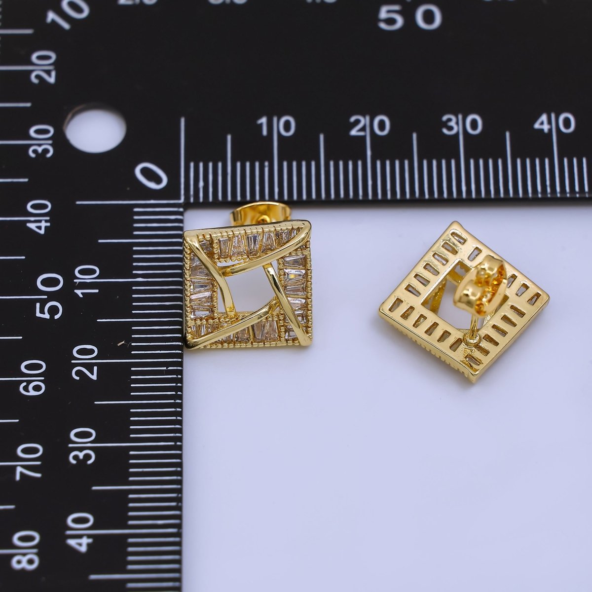 24K Gold Filled Baguette CZ Geometric Square Stud Earrings | AJ - 044 - DLUXCA