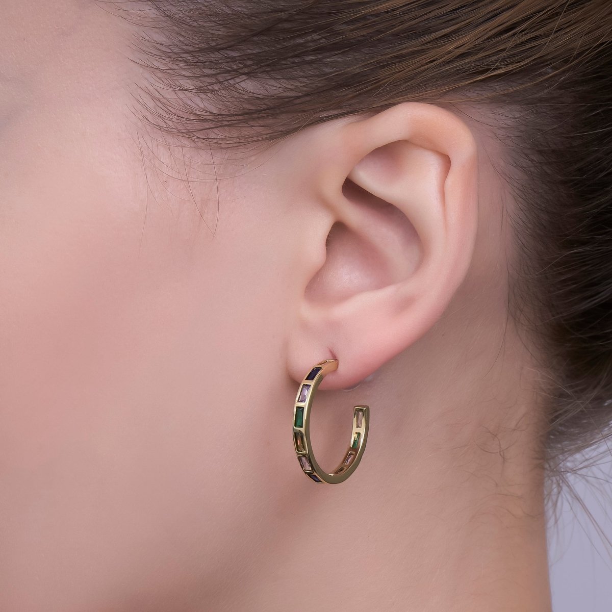 24K Gold Filled Baguette CZ Prismatic Multicolor C - Shaped Stud Earrings in Gold & Silver | AJ026 AJ027 - DLUXCA