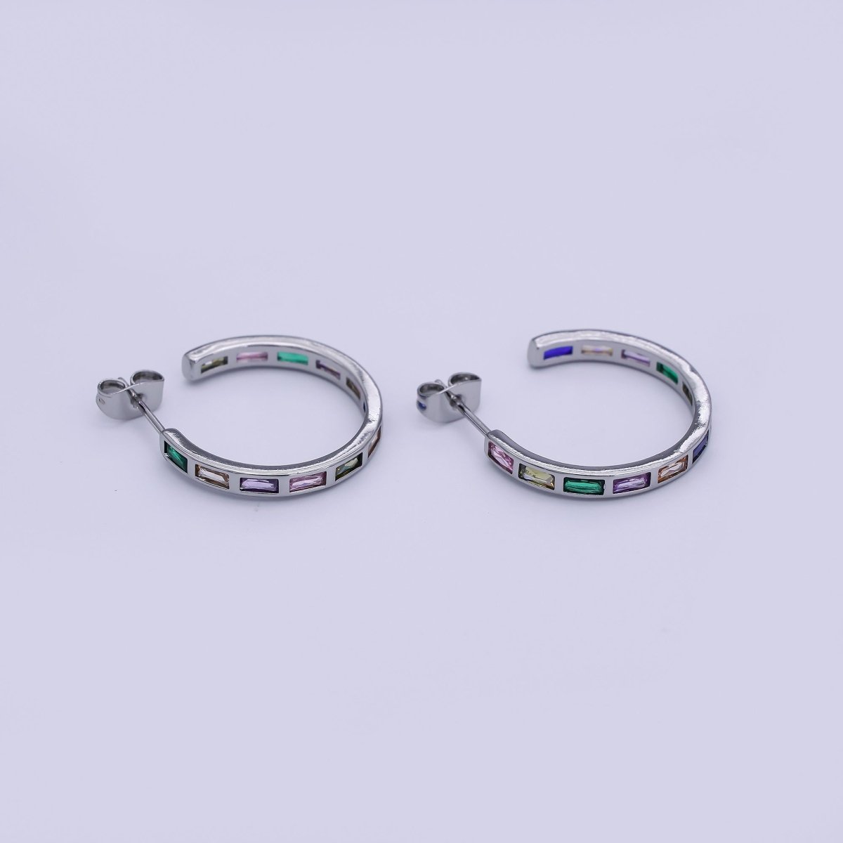 24K Gold Filled Baguette CZ Prismatic Multicolor C - Shaped Stud Earrings in Gold & Silver | AJ026 AJ027 - DLUXCA