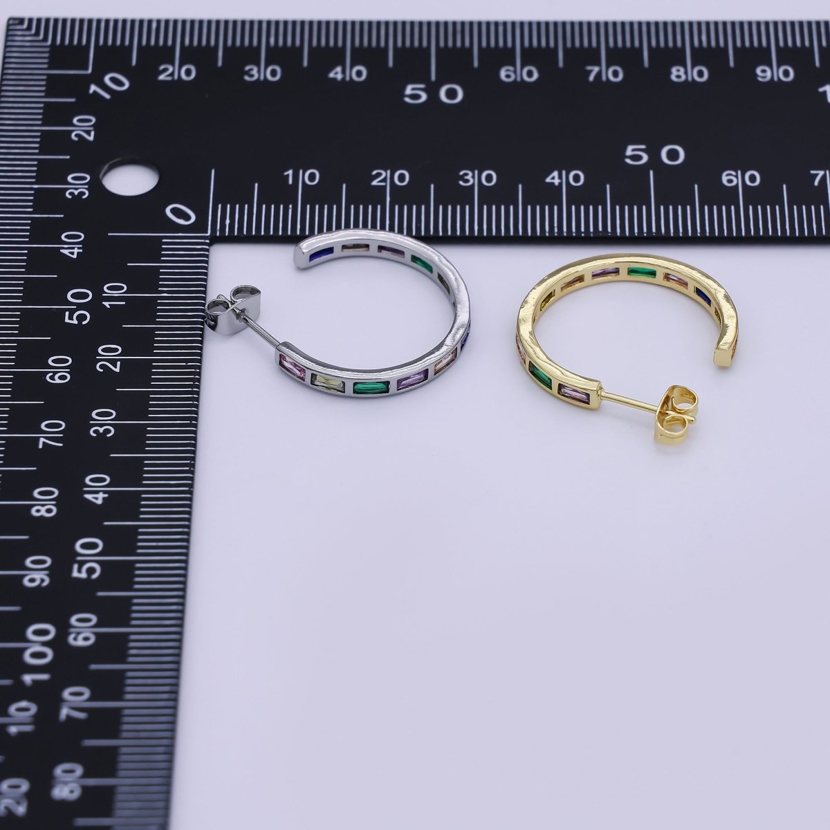 24K Gold Filled Baguette CZ Prismatic Multicolor C - Shaped Stud Earrings in Gold & Silver | AJ026 AJ027 - DLUXCA