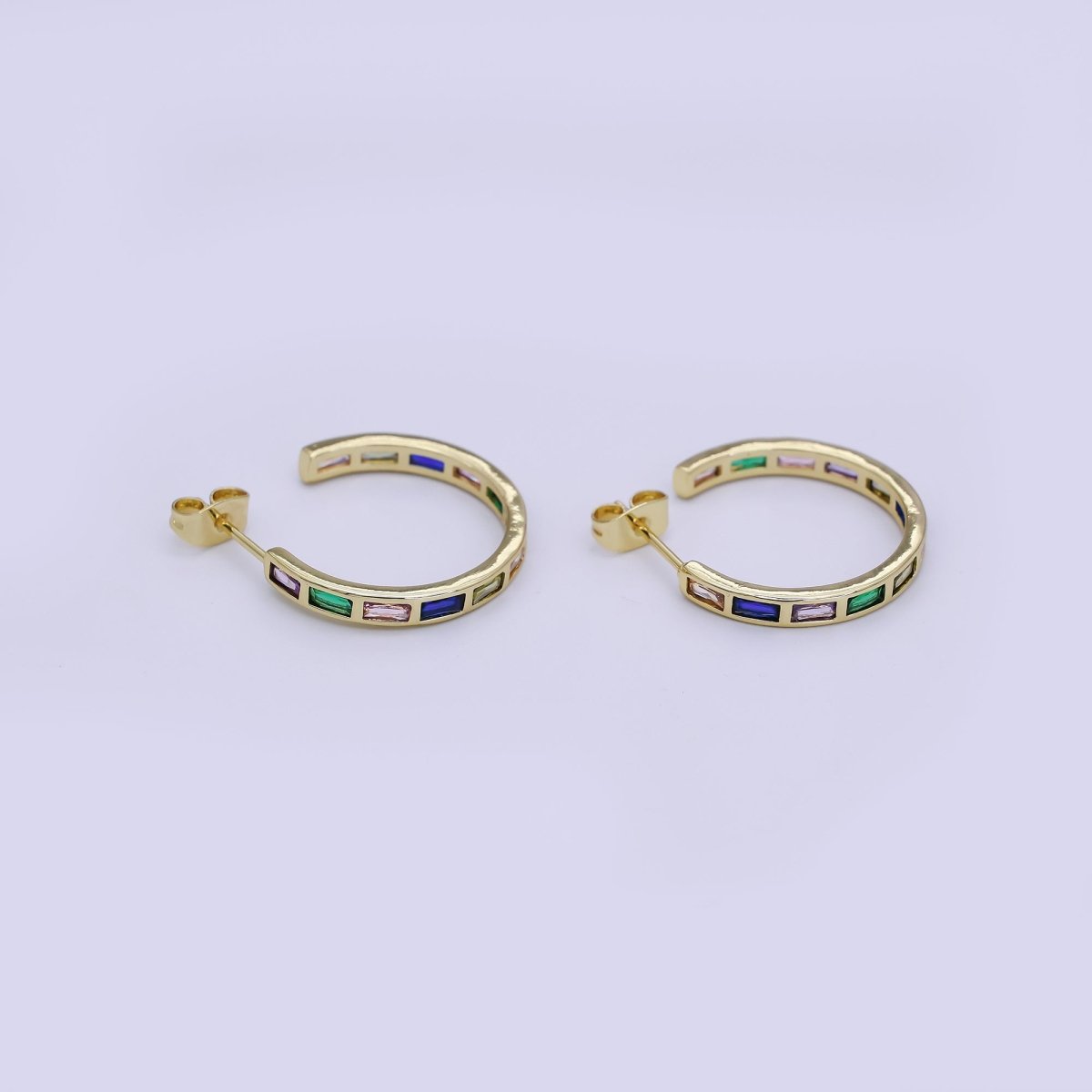 24K Gold Filled Baguette CZ Prismatic Multicolor C - Shaped Stud Earrings in Gold & Silver | AJ026 AJ027 - DLUXCA