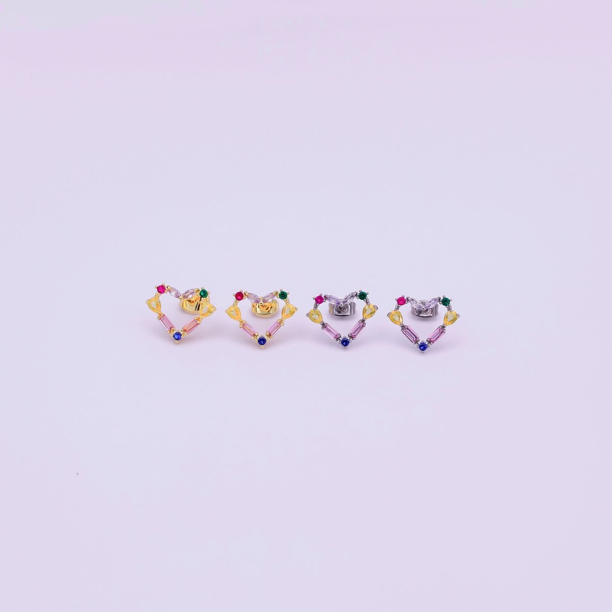 24K Gold Filled Baguette CZ Prismatic Multicolor Heart Stud Earrings in Gold & Silver | AI529 AI530 - DLUXCA