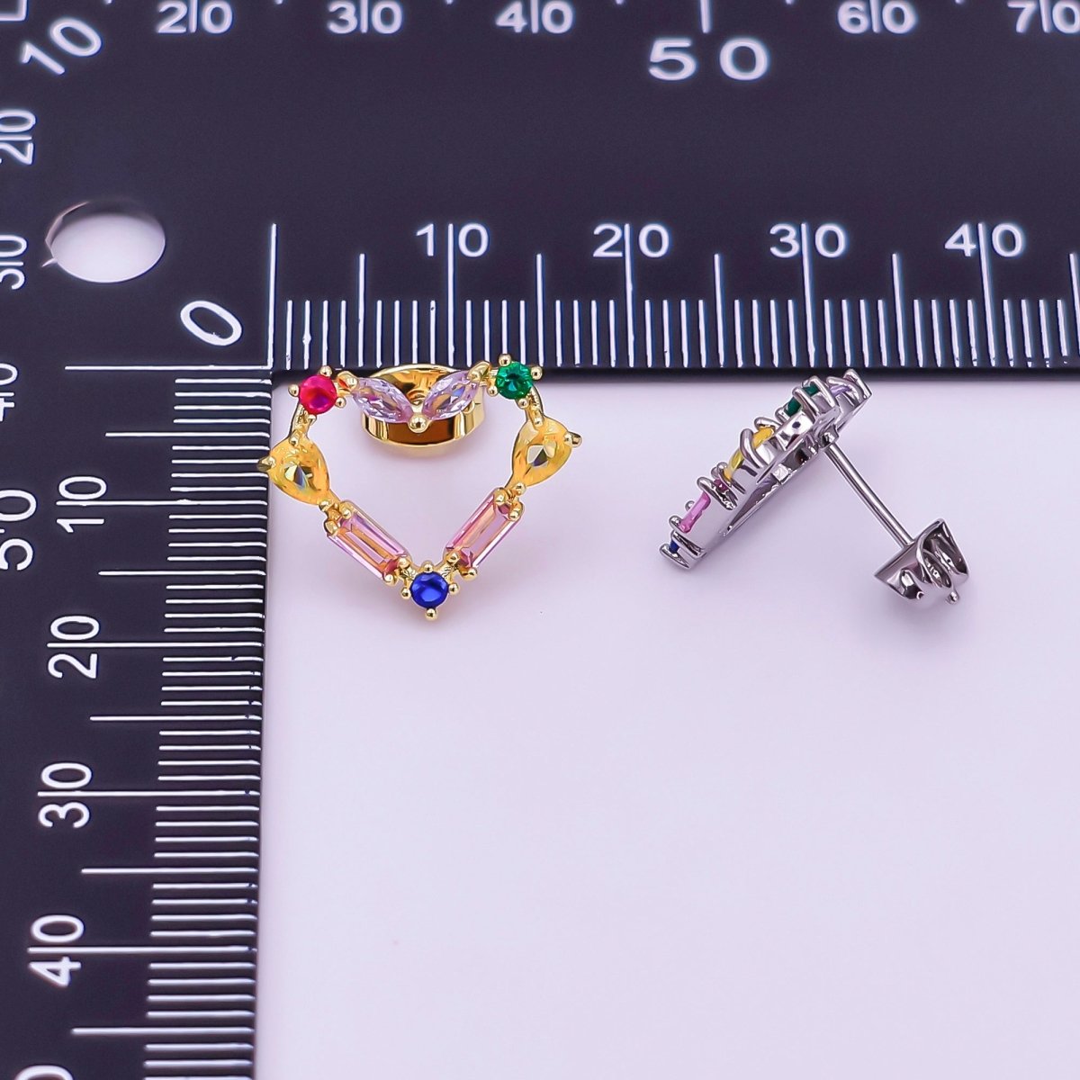 24K Gold Filled Baguette CZ Prismatic Multicolor Heart Stud Earrings in Gold & Silver | AI529 AI530 - DLUXCA