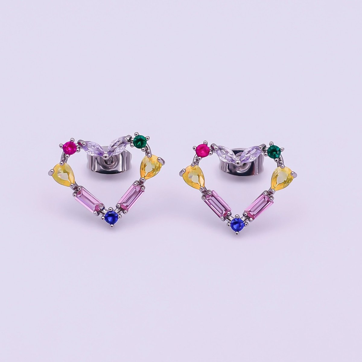 24K Gold Filled Baguette CZ Prismatic Multicolor Heart Stud Earrings in Gold & Silver | AI529 AI530 - DLUXCA
