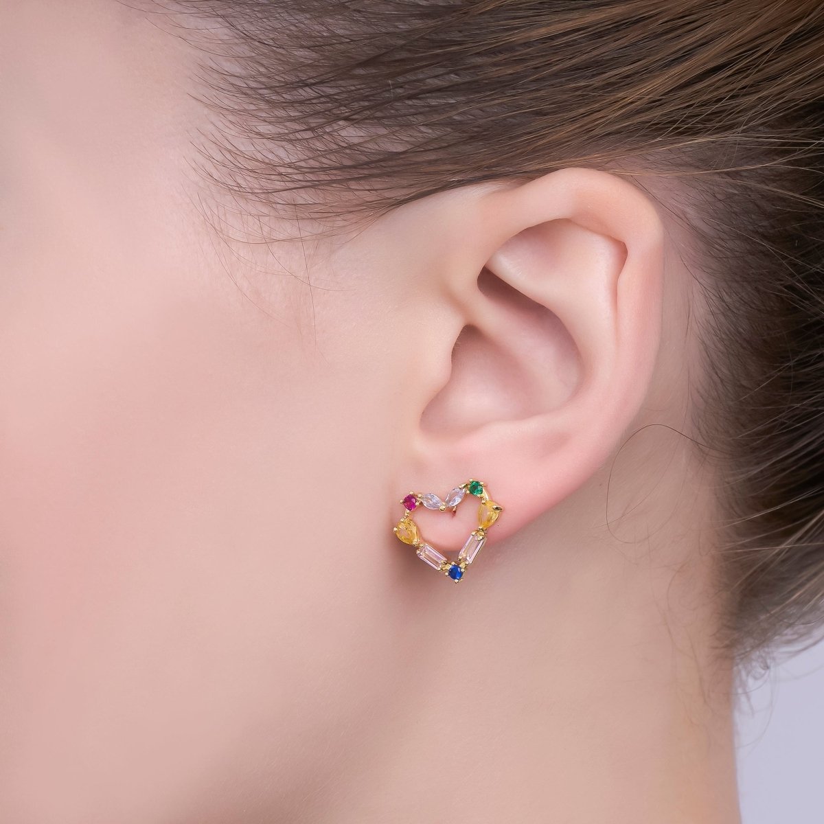 24K Gold Filled Baguette CZ Prismatic Multicolor Heart Stud Earrings in Gold & Silver | AI529 AI530 - DLUXCA