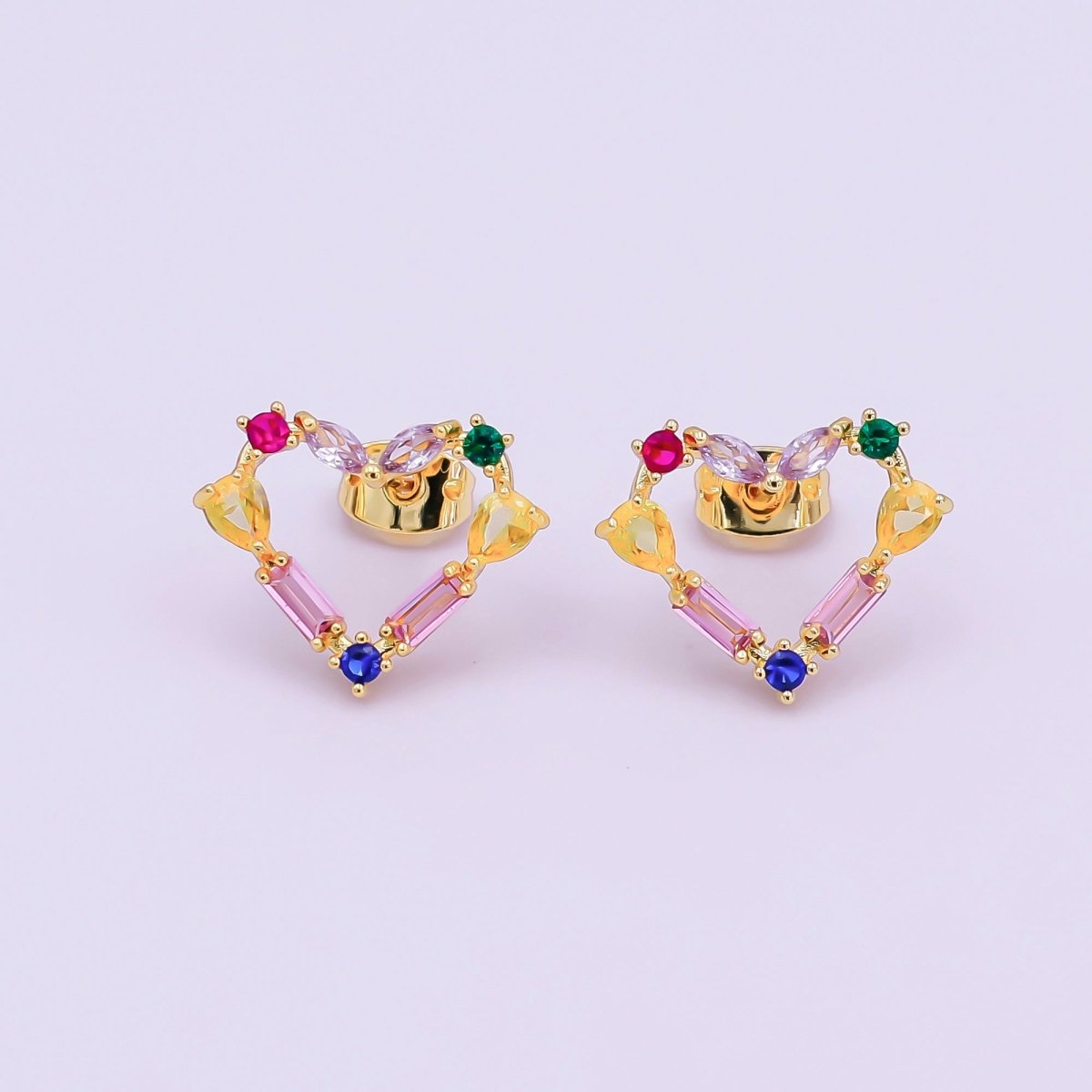 24K Gold Filled Baguette CZ Prismatic Multicolor Heart Stud Earrings in Gold & Silver | AI529 AI530 - DLUXCA
