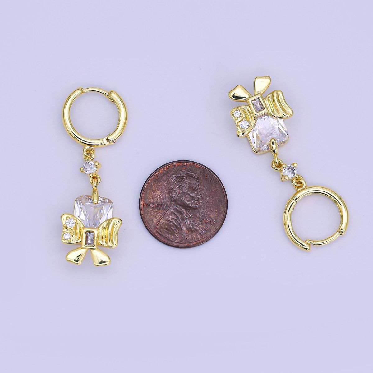 24K Gold Filled Baguette CZ Ribbon Bow Drop Huggie Earrings | AI444 - DLUXCA