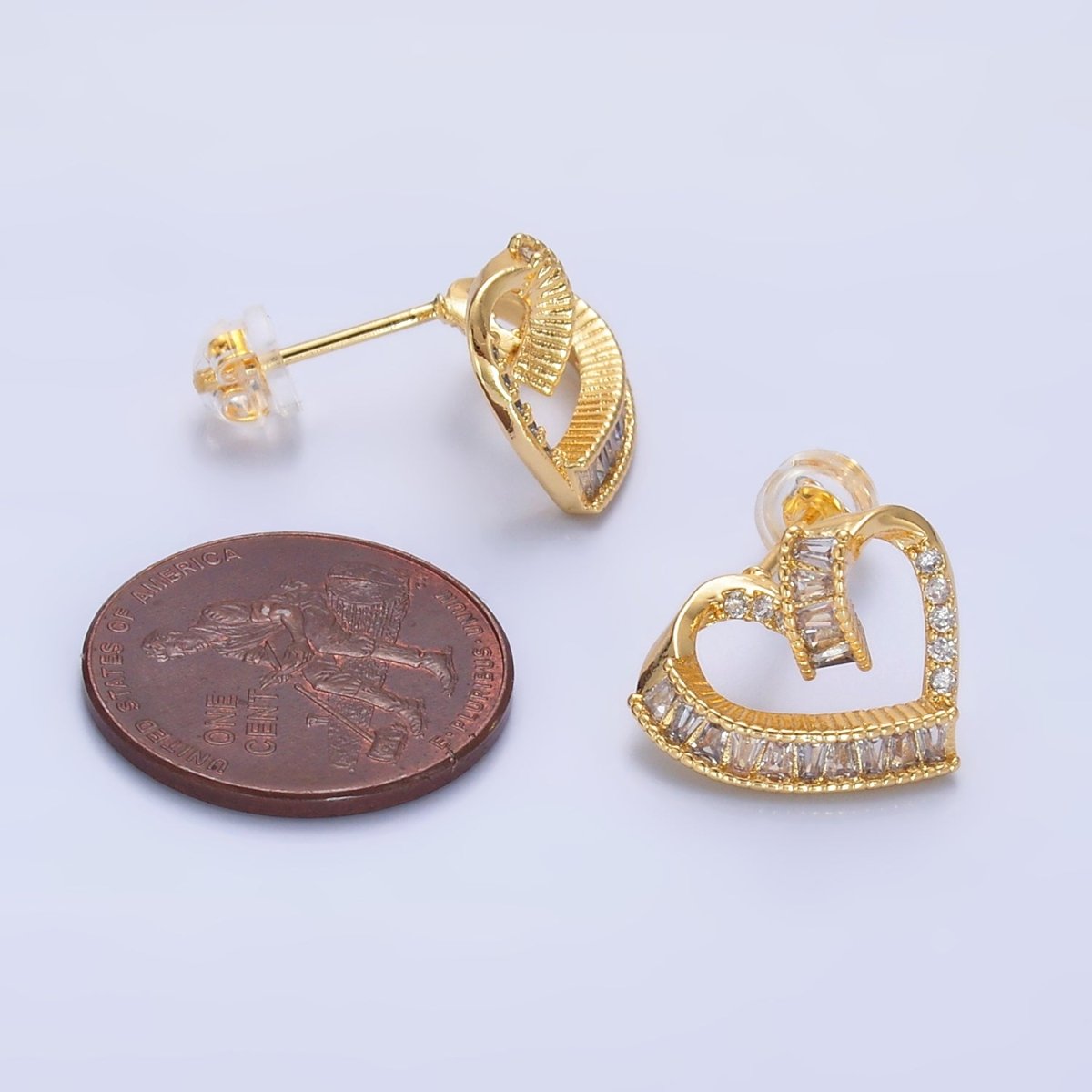 24K Gold Filled Baguette Micro Paved CZ Heart Stud Earrings Set | AB1021 - DLUXCA