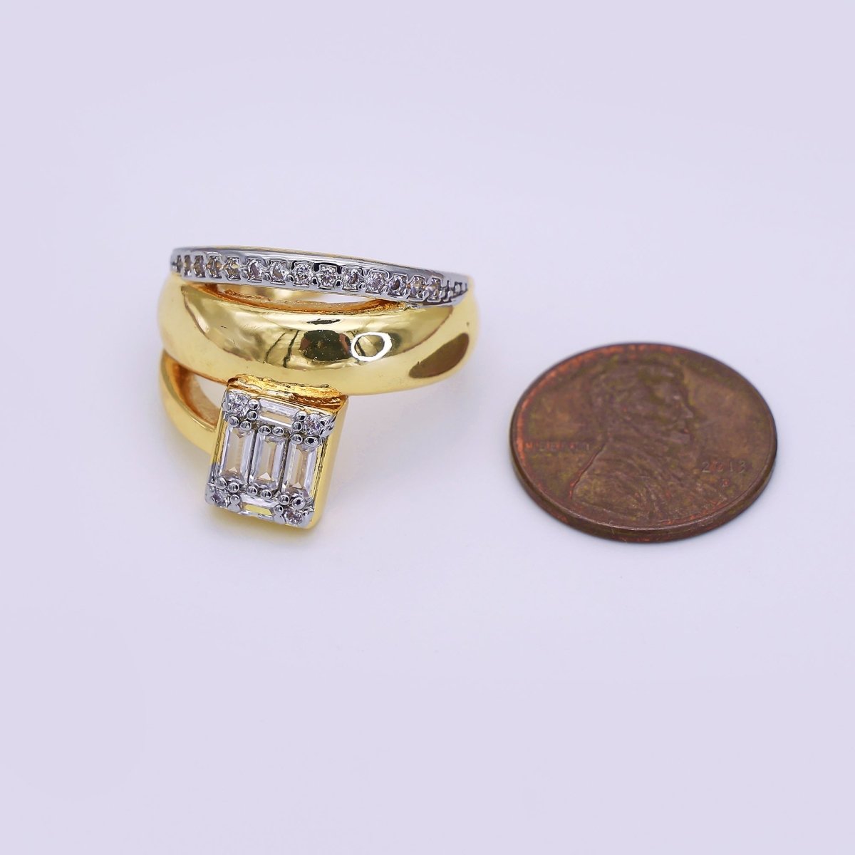 24K Gold Filled Baguette Micro Paved CZ Multiple Band Mixed Metal Ring | O648 - DLUXCA