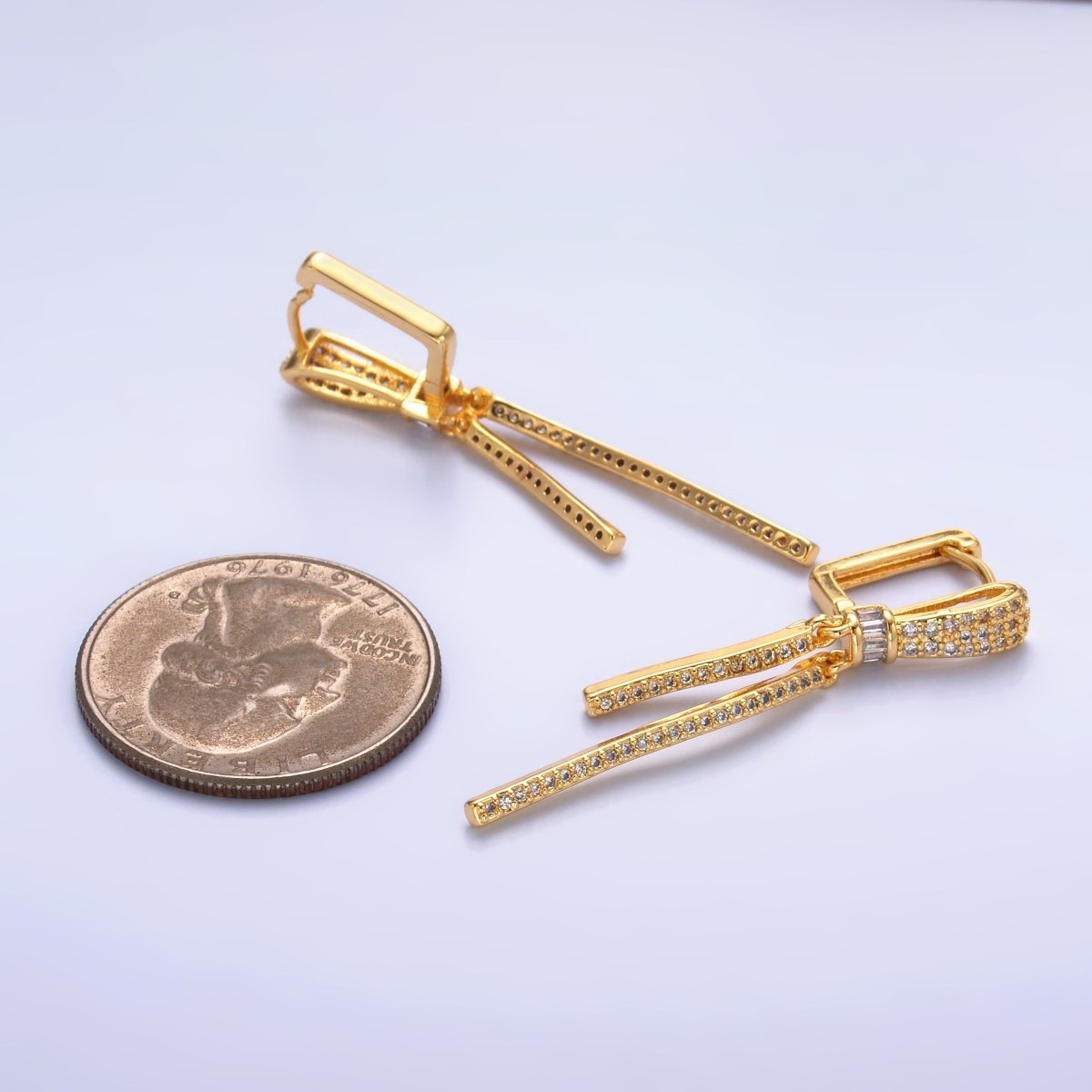 24K Gold Filled Baguette Micro Paved Drop Hoop Earrings | V501 - DLUXCA