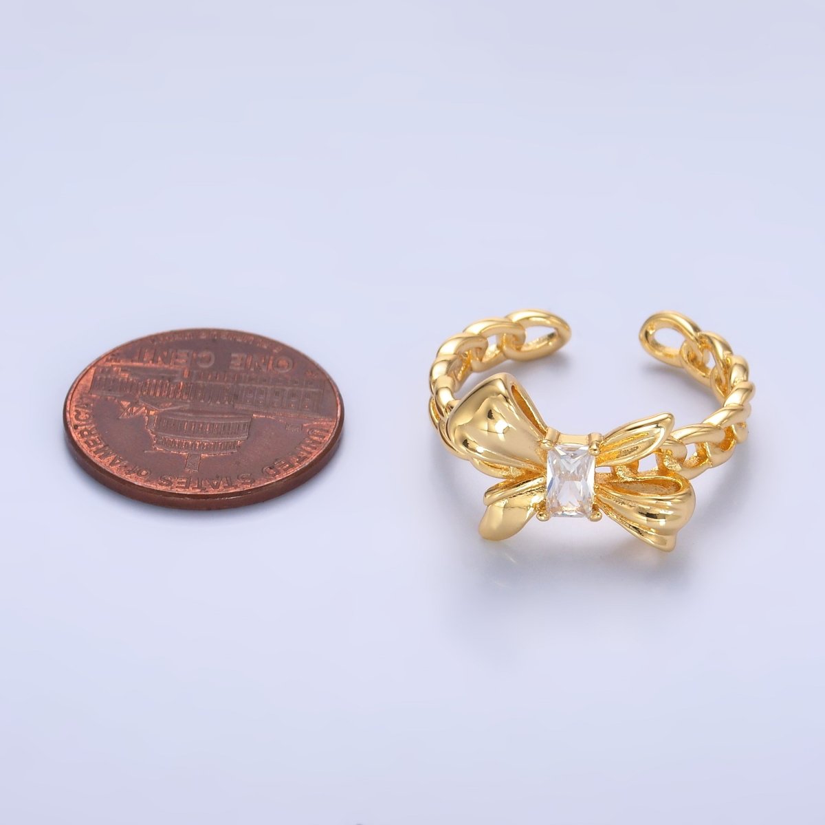 24K Gold Filled Baguette Ribbon Bow Curb Chain Ring | O553 - DLUXCA