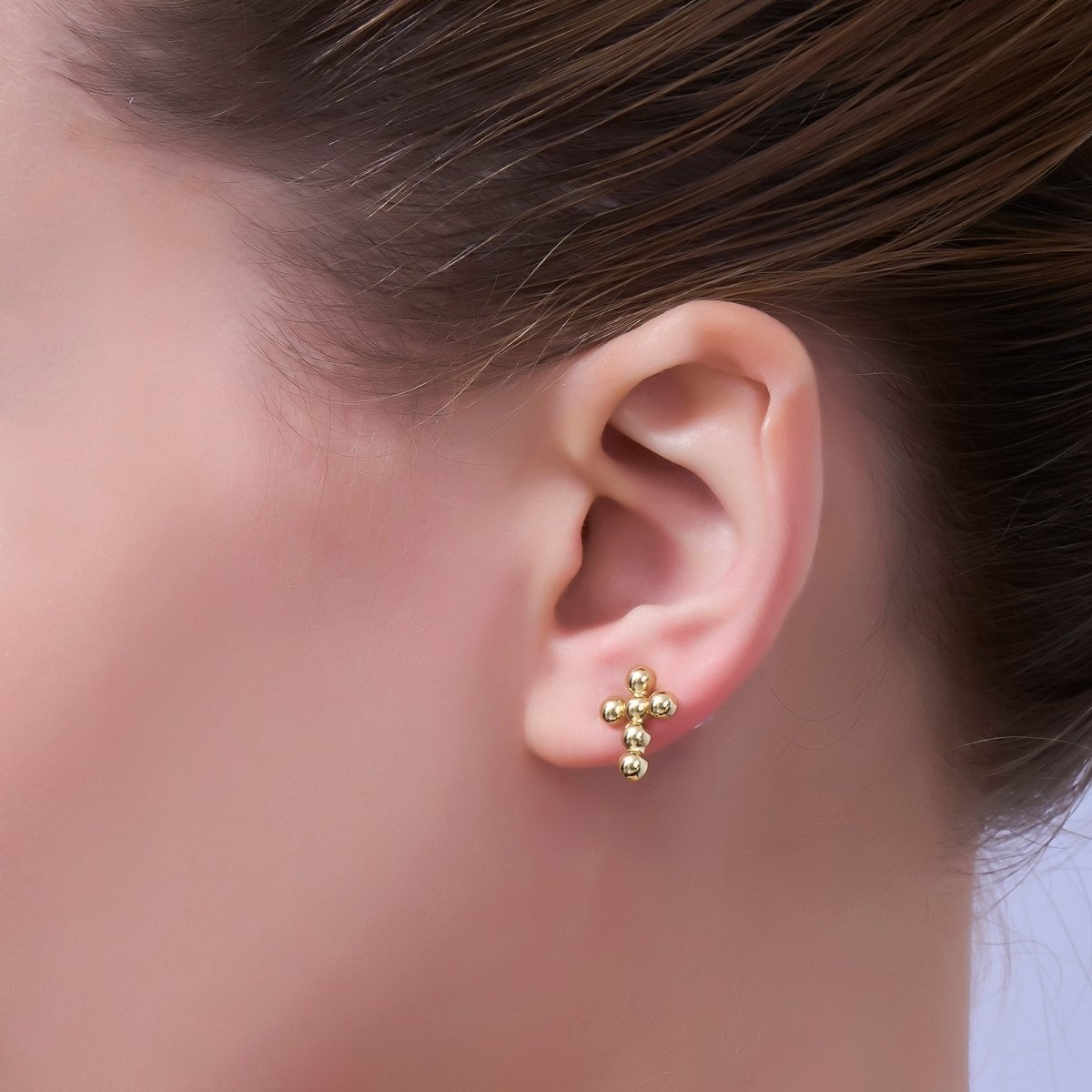 24K Gold Filled Beaded Bubble Cross Stud Earrings | AD828 - DLUXCA