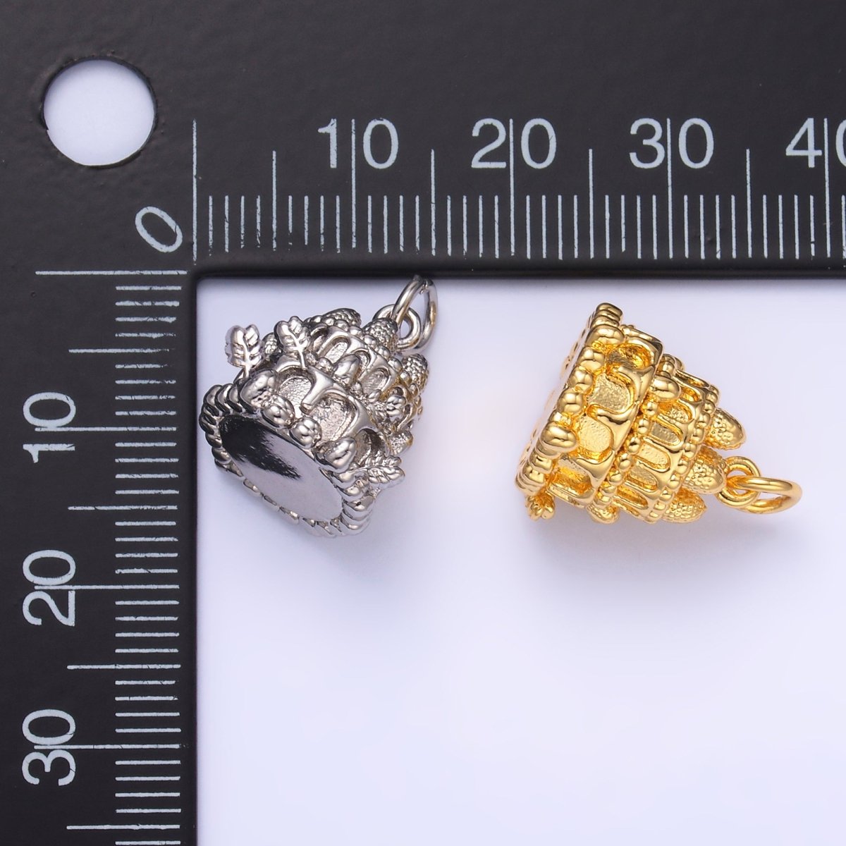 24K Gold Filled Birthday Cake Multidimensional 3D Charm in Gold & Silver | W412 - DLUXCA