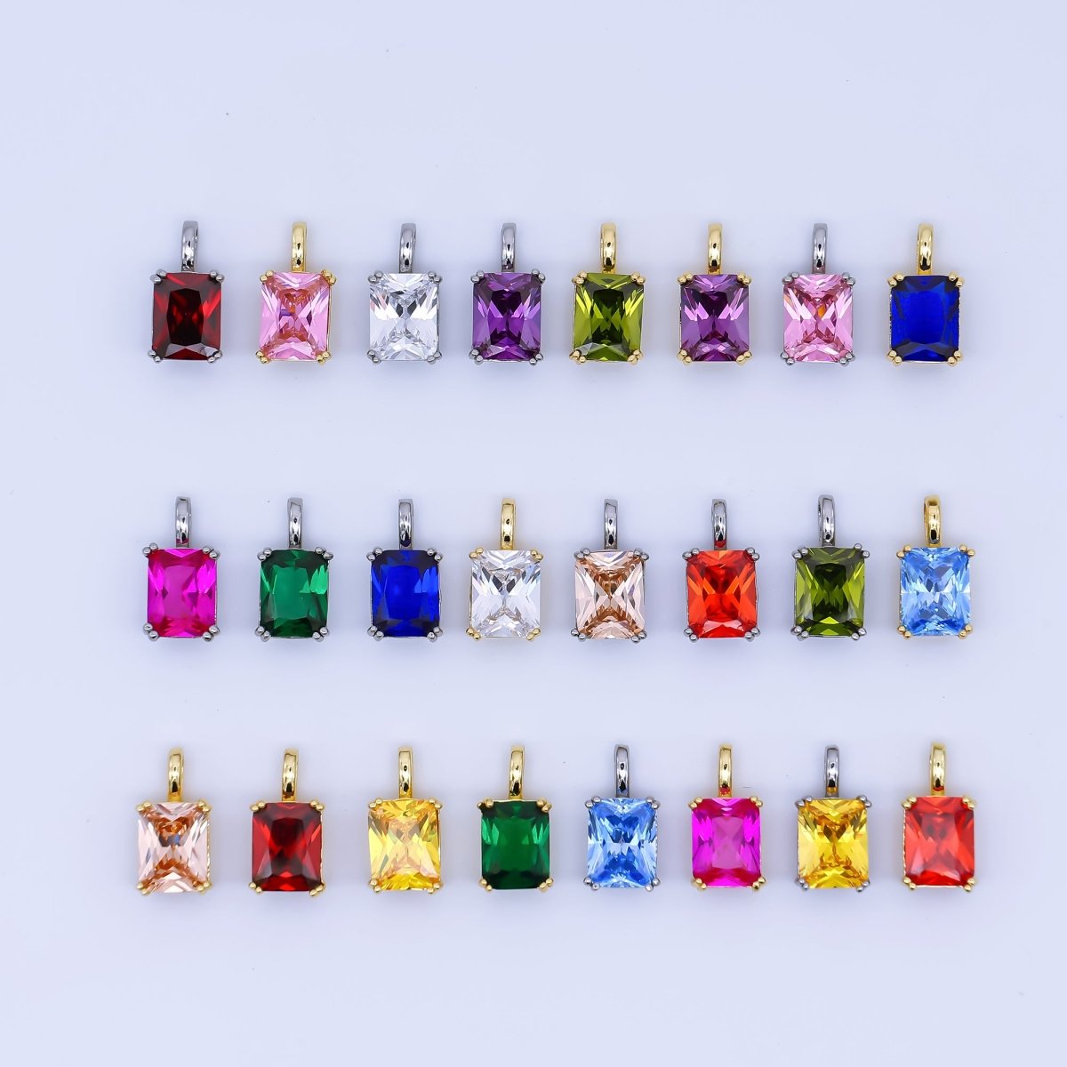 24K Gold Filled Birthstone Baguette CZ Pendant in Gold & Silver | AH438 - AH449 - DLUXCA