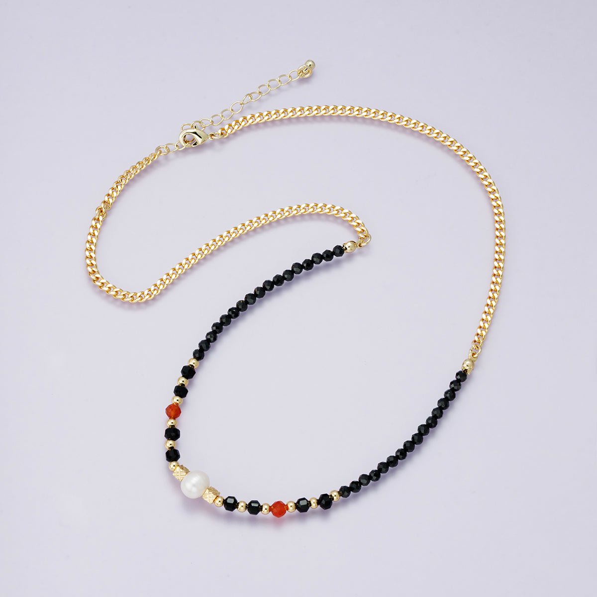 24K Gold Filled Black and Red Shell Pearl Multifaceted Gemstone Ball Curb Chain Half 18 Inch Necklace w. Extender | WA - 04233 - DLUXCA
