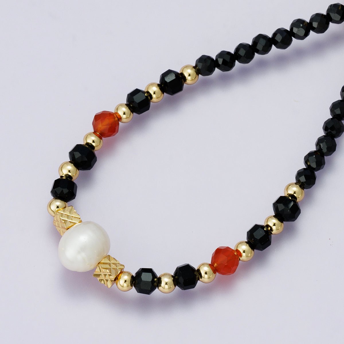 24K Gold Filled Black and Red Shell Pearl Multifaceted Gemstone Ball Curb Chain Half 18 Inch Necklace w. Extender | WA - 04233 - DLUXCA