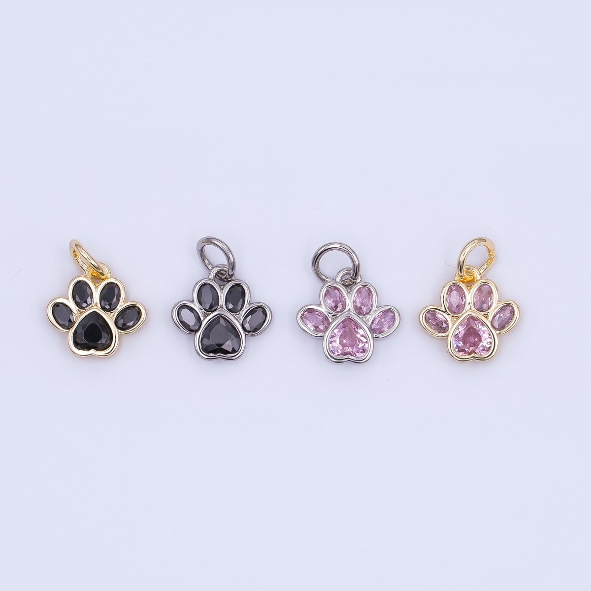 24K Gold Filled Black, Clear, Pink CZ Paw Print Charm in Gold & Silver | AF454 - AF456 - DLUXCA