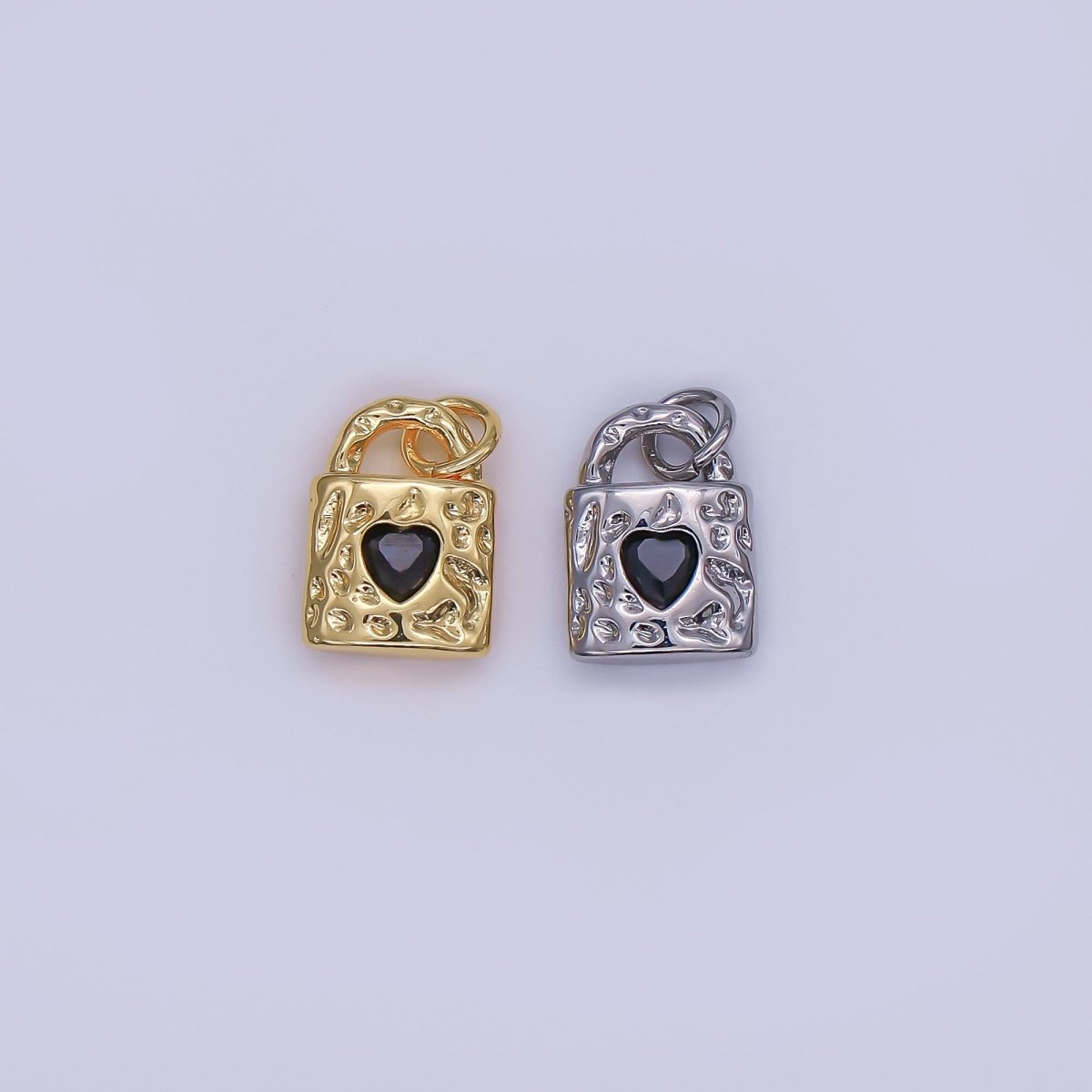 24K Gold Filled Black Heart Molten Hammered Padlock Charm in Gold & Silver | M031 - DLUXCA