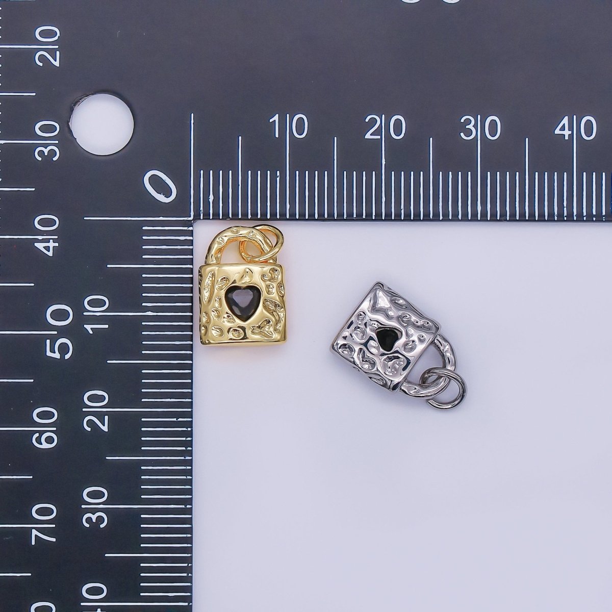 24K Gold Filled Black Heart Molten Hammered Padlock Charm in Gold & Silver | M031 - DLUXCA