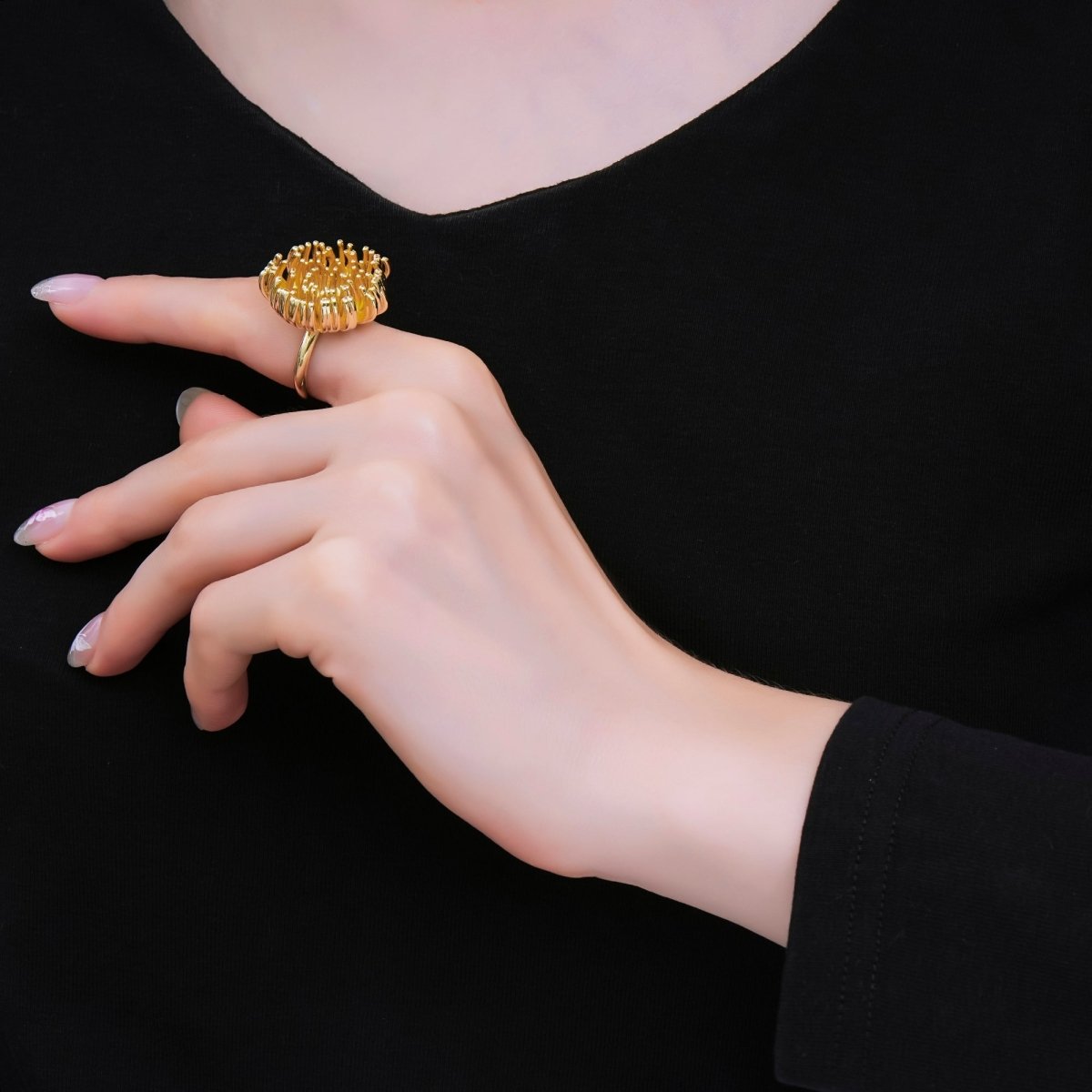 24K Gold Filled Blooming Protea Flower Adjustable Open Ring | O1475 - DLUXCA